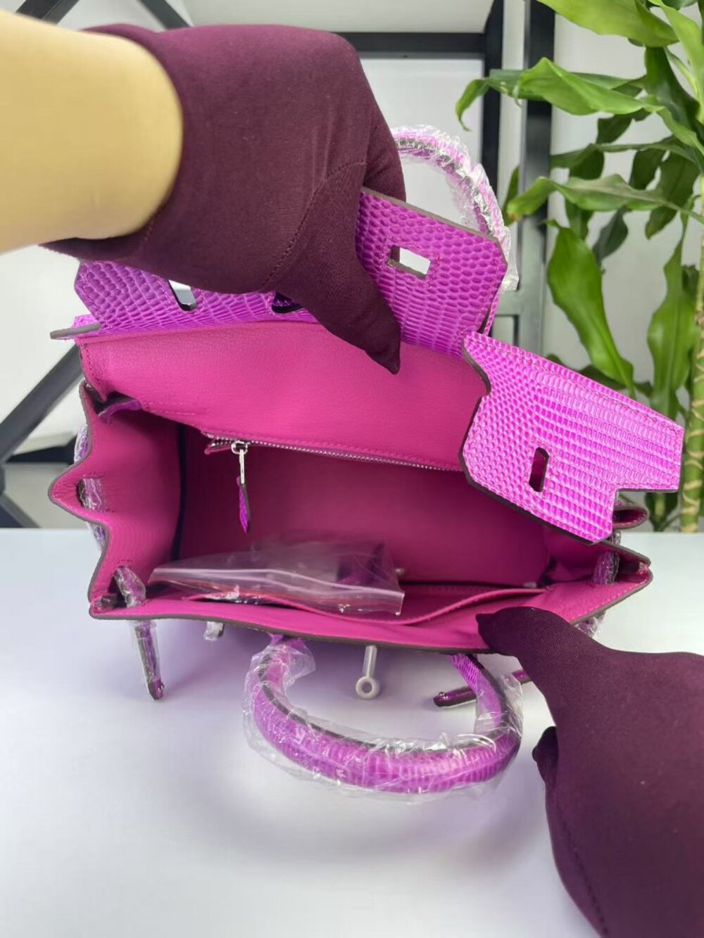 Luxury  Magenta Structured Top Leather Handle Bag - Minimalist Office & Evening